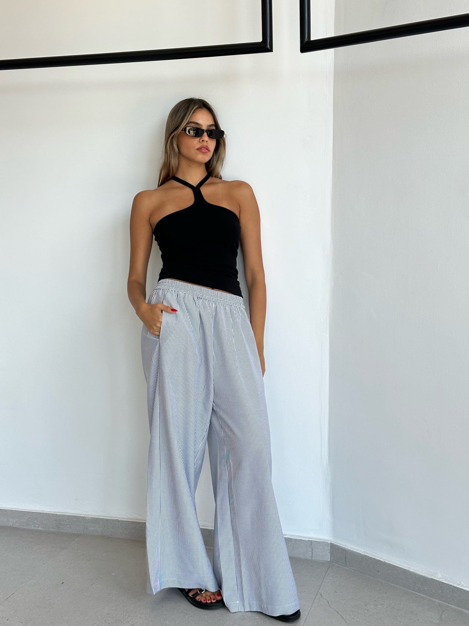 Black striped poly pants