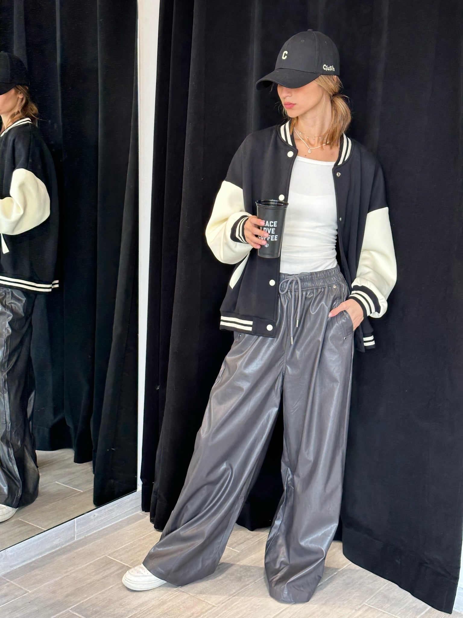 Gray leather-like pants