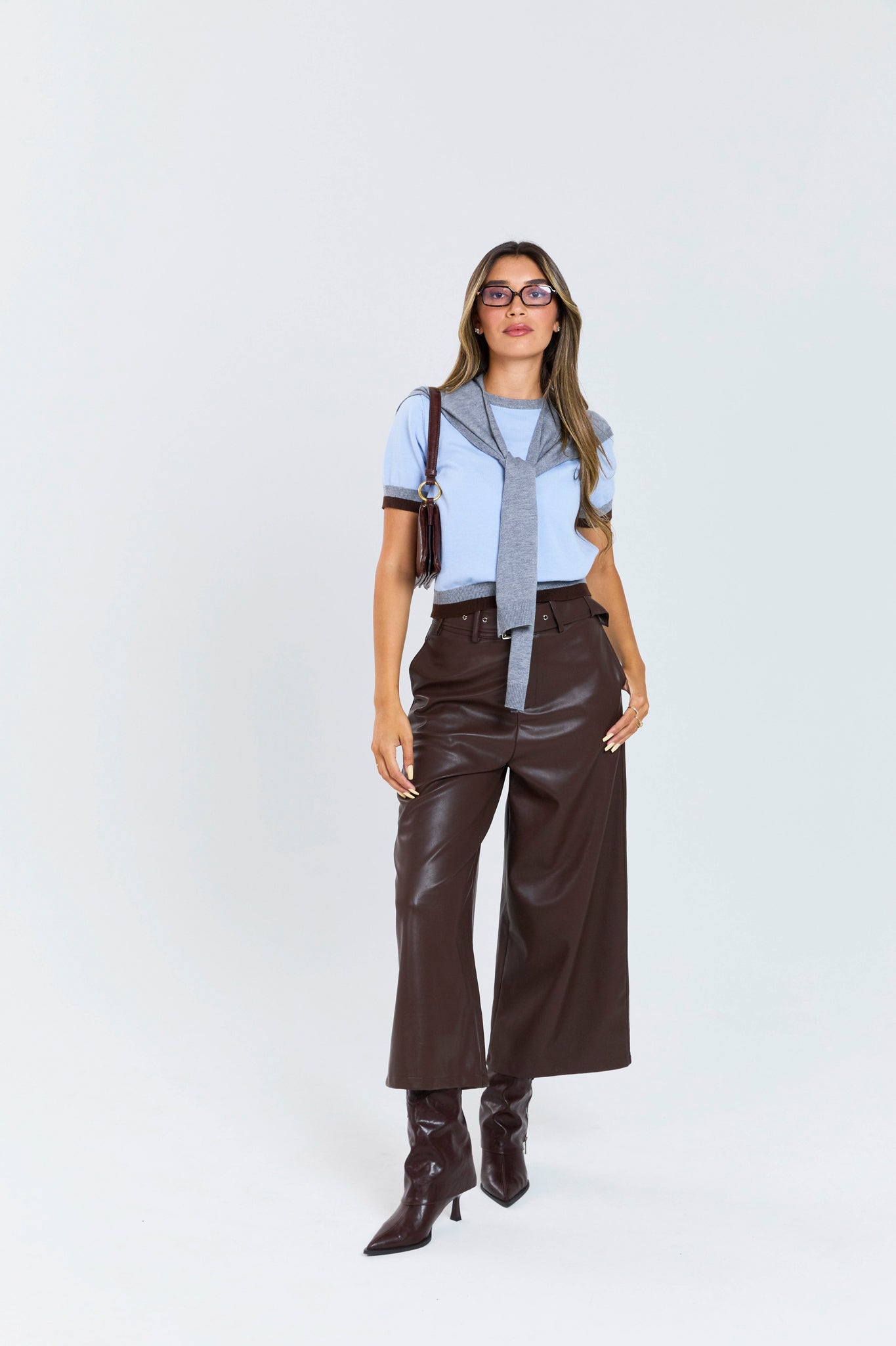 מכנס צוף דמוי עור חום