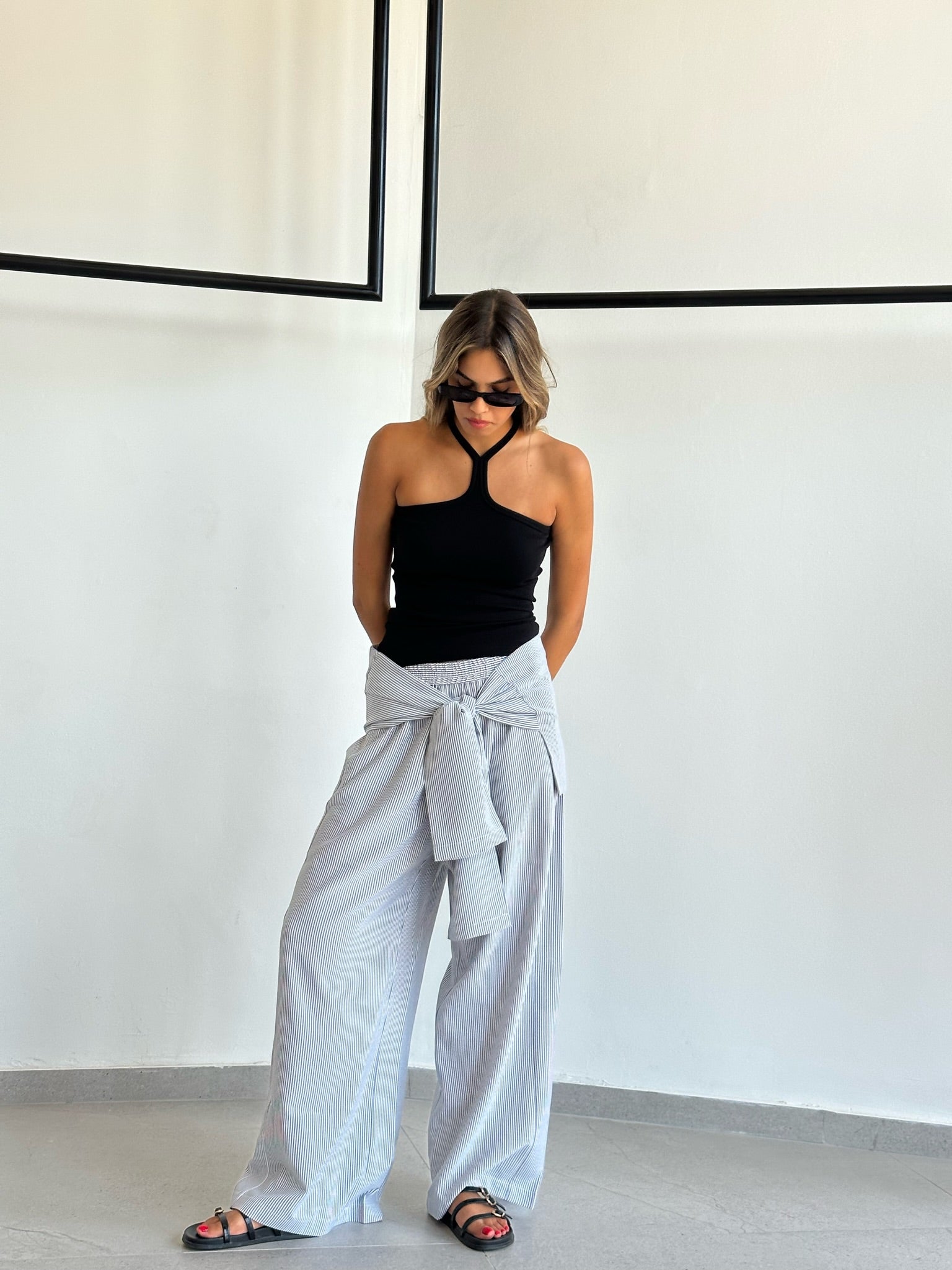 Black striped poly pants